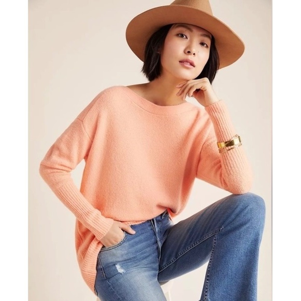 By Anthropologie Peach Sweater Sz S Knit Pullover Boat Neck Long‎ Sleeve Comfort